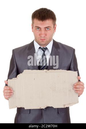 Sad businessman with messy cardboard frame. Isolated on white Stock Photo