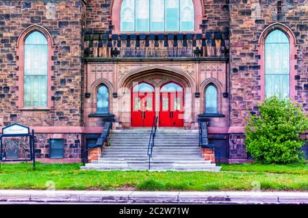 The Gothic Revival style Woodward Avenue Presbyterian Church located at 8501 Woodward Avenue in Detroit, Michigan. Stock Photo
