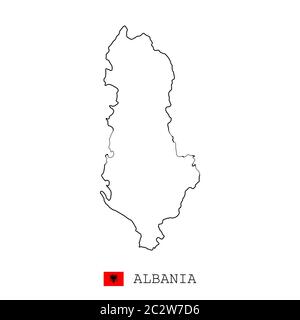 Albania map line, linear thin vector simple and flag. Black on white background Stock Vector