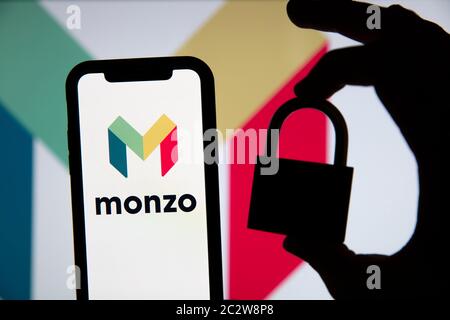 LONDON, UK - June 2020: Monzo online bank logo with security padlock silhouette Stock Photo