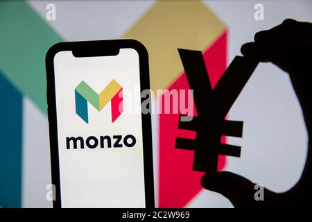 LONDON, UK - June 2020: Monzo online banking logo with yen currency symbol Stock Photo