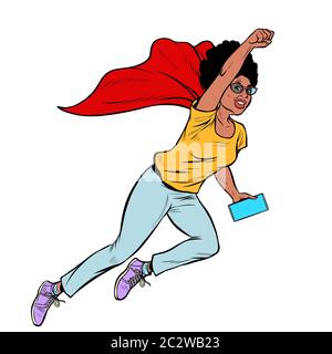 african superhero flying active strong Woman grandmother pensioner elderly lady. Pop art retro vector illustration drawing vintage kitsch