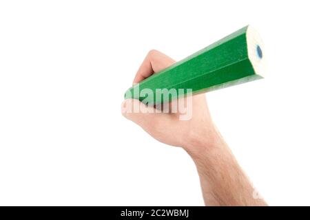 Hand with giant pencil. Isolated on white Stock Photo