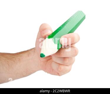Hand with giant pencil. Isolated on white Stock Photo
