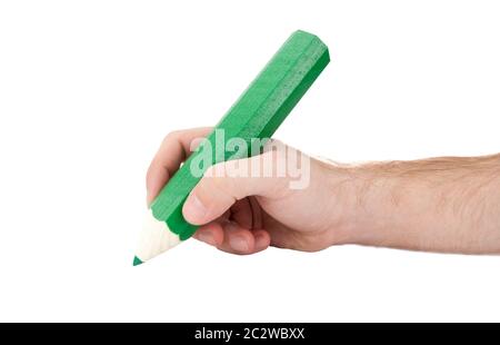 Hand with giant pencil. Isolated on white Stock Photo