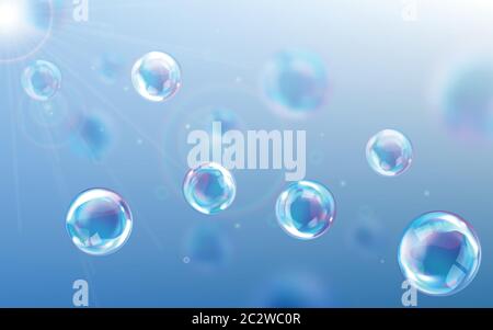 Soap bubbles blue background, realistic transparent air spheres of rainbow colors with reflections and highlights floating through air in rays of sunl Stock Vector