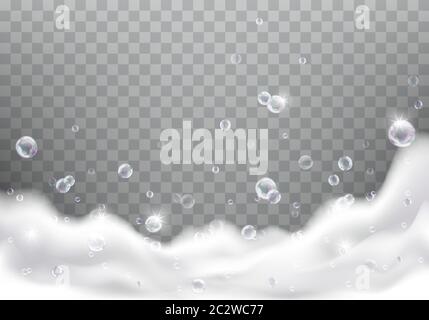 Bath foam realistic vector illustration on transparent background. White soap suds with rainbow air bubbles, shampoo bubbles or foaming detergent text Stock Vector