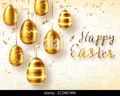 Golden eggs realistic vector illustration. Shining Easter eggs from gold metal and sparkling tinsel or spiral confetti with inscription. Easter greeti Stock Vector