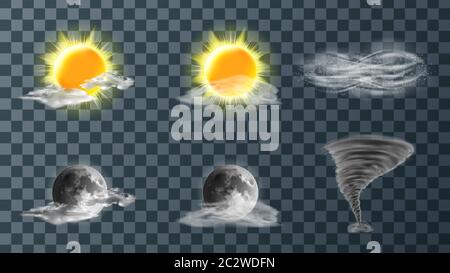 Weather meteo icons realistic set vector illustration. Realistic elements for weather forecast, sun, moon, clouds, hurricane or strong wind, tornado f Stock Vector