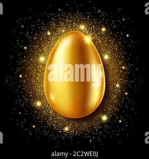 Golden egg realistic vector illustration. Shining Easter egg from gold metal and sparkling tinsel or confetti on black background. Easter greeting car Stock Vector