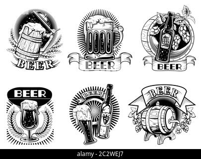 Beer icons or badges, set vector illustrations. Beer labels with bottles and mugs with foaming alcohol drink, wooden barrel, wheat ears and hop cones Stock Vector