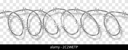 Metal steel barbed spiral wire with thorns or spikes realistic vector illustration isolated on transparent background with shadow. Fencing or barrier Stock Vector