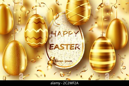 Golden eggs realistic vector illustration. Shining Easter eggs from gold metal and sparkling tinsel or confetti with inscription frame. Easter greetin Stock Vector