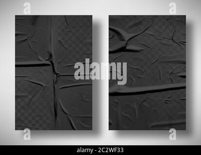 Black bad glued paper realistic vector illustration. Set of wet wrinkled and creased paper sheets with crumpled texture, blank posters glued to street Stock Vector