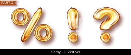 Golden balloons symbols set realistic vector. Inflatable gold characters of metal foil for childrens parties or sales, exclamation point, question mar Stock Vector