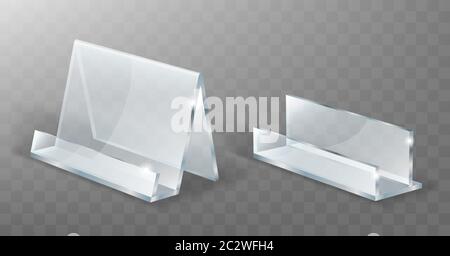 Acrylic nameplate holder, glass or plastic display stand for menu or cards, realistic vector illustration. Set of transparent table holders or tent fo Stock Vector