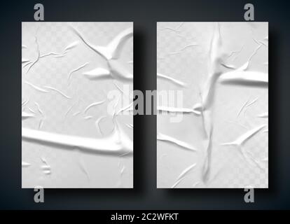 White bad glued paper realistic vector illustration. Set of wet wrinkled and creased paper sheets with crumpled texture, blank posters glued to street Stock Vector