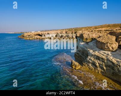 Famous Sea Caves in Ayia Napa Cyprus - aerial view Stock Photo