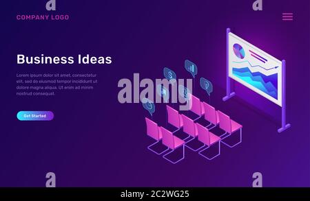 Business training or ideas isometric concept vector illustration. Empty class for corporate seminar, conference or staff training, board with graphs, Stock Vector