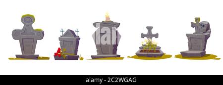 Tombstone with RIP inscription, old texture and green moss, cartoon vector. Gravestones with crosses, burning candles, flowers and a human skull, hall Stock Vector