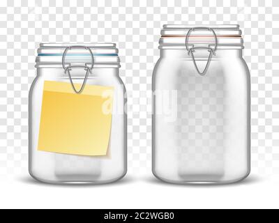 Glass bale jars with paper note, realistic vector illustration. Empty closed transparent mason bottle with swing top lid and yellow blank sticker labe Stock Vector