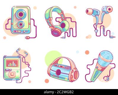Music audio icons, vector line art set. Modern color pictogram collection of music devices, subwoofer, portable speaker, music player with in-ear head Stock Vector