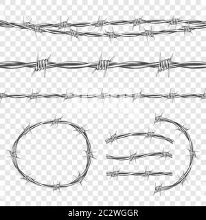 Metal steel barbed wire with thorns or spikes realistic seamless vector illustration isolated on transparent background. Fencing or barrier element fo Stock Vector