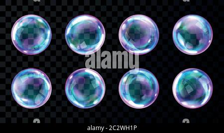 Soap bubbles, realistic transparent air spheres of rainbow colors with reflections and highlights isolated on checkered background, set of vector illu Stock Vector