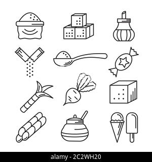 Sugar icons line art vector illustration isolated on white background. Signs of sugar-bowl, cane and beet, sweet cubes, candy and ice cream, bag and s Stock Vector