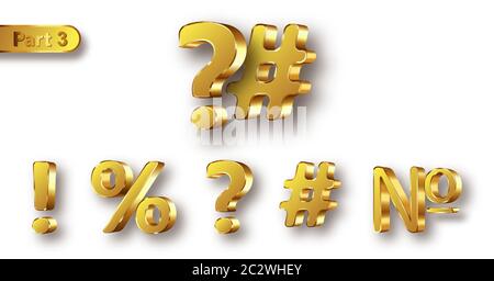 Golden metal unique symbols set, realistic vector illustration. Matte with glossy frame gold metallic characters, exclamation point, question mark, pe Stock Vector