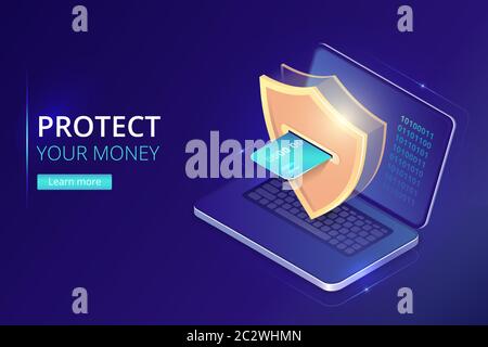 Protecting your money concept, online banking security guarantee, isometric vector. Bank credit card and open laptop, golden shield guards personal in Stock Vector