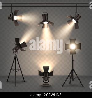 Spotlights realistic vector set. Professional photo and video lamps, hanging and standing on tripod, stage equipment with warm yellow light on transpa Stock Vector