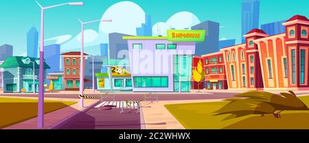 Urban landscape with shopping mall, residential buildings and fenced open street manhole, cartoon vector. Cityscape with crossroads, sidewalk, buildin Stock Vector