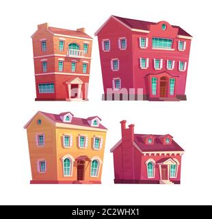 Urban retro building cartoon vector set illustration. Old residential single and multi-storey buildings from concrete and red brick, isolated on white Stock Vector