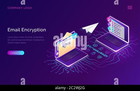 Email encryption, data security isometric concept vector. Open laptop, envelope with message on screen and flying paper airplane, neon connection line Stock Vector