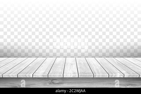 Wooden gray table top with aged surface, realistic vector illustration. Vintage dining table made of wood, realistic plank texture. Empty desk top iso Stock Vector
