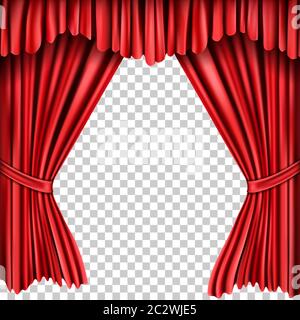 Open red silk fabric curtains, realistic vector illustration. Velvet drapery for theatrical stage, presentation or award ceremony, isolated on transpa Stock Vector