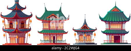 Chinese house building cartoon vector illustration. Traditional China or Japan architecture, characteristic city buildings, pagoda, religious temple o Stock Vector