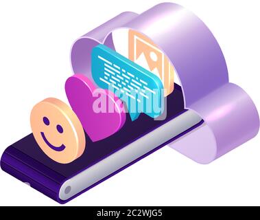Cloud and conveyor with social icon, vector isometric concept. Content marketing and blogging ad Stock Vector