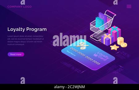 Loyalty program, vector isometric concept. Big discount card with percent, shopping cart and gift boxes and cash coins icons on ultraviolet background Stock Vector