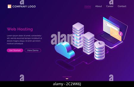 Web hosting, isometric concept vector web banner. 3D server icons, open laptop with unread message envelope, computing cloud and connections on ultrav Stock Vector