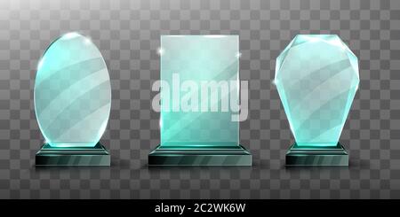 Glass trophy or winner award realistic vector illustration. Transparent crystal plate or blue acrylic frames different shapes on black chrome metal pe Stock Vector