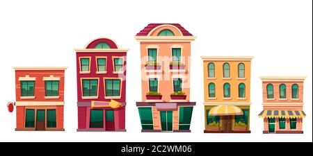 Urban retro residential buildings with small shops and cafe, set cartoon vector illustration. Vintage houses with restaurant, bakery or local shops is Stock Vector