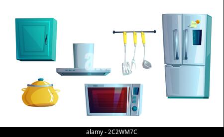 Kitchen furniture, elements set for interior creating, cartoon vector illustration. Modern refrigerators with electronic display, metal handles, magne Stock Vector