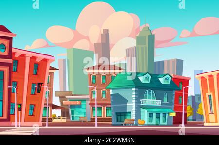 Urban street landscape with retro residential buildings with cafe and beauty salon, cartoon vector. Cityscape with crosswalk and traffic light against Stock Vector