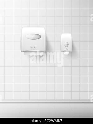 Dispenser for liquid soap and paper towels on tiled wall, realistic vector. White equipment for public toilets, hygiene care and clean hands, soap pum Stock Vector