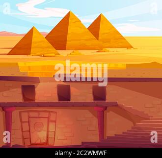 Ancient Egypth, lost looted tomb of pharaoh or abandoned temple interior, underground cartoon vector. Archeological excavations, treasures hunting con Stock Vector