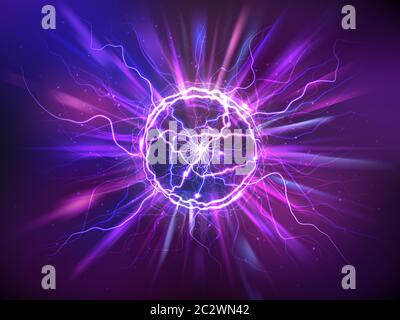 Electric ball or plasma sphere with rays, realistic vector illustration. Abstractt ball lightning with burning flash or powerful electric discharges i Stock Vector