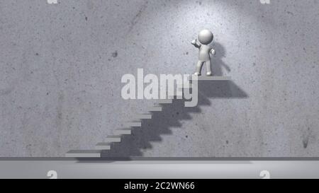 Stair steps with 3D figure against a gray concrete wall Stock Photo