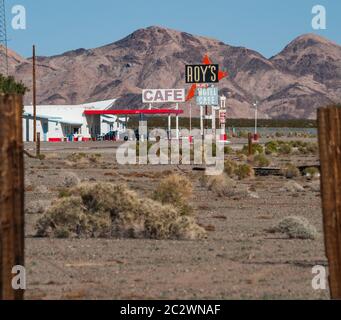 Amboy, Route 66, USA - 26th Febuary, 2013: Roy's motel and cafe in Amboy, California. Famous road side stop on route 66 in California. Stock Photo